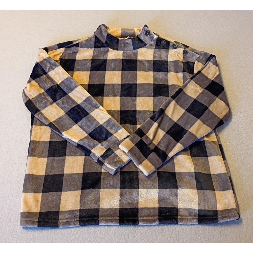 Emily Daniels Sz L Buffalo Plaid Checkerboard Minky Fleece Sweater Button Accent